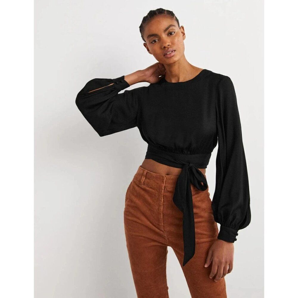Boden Womens Blouse UK 12 US 8 Black Blouson sleeve Crop Top Trendy T1122 NWT
